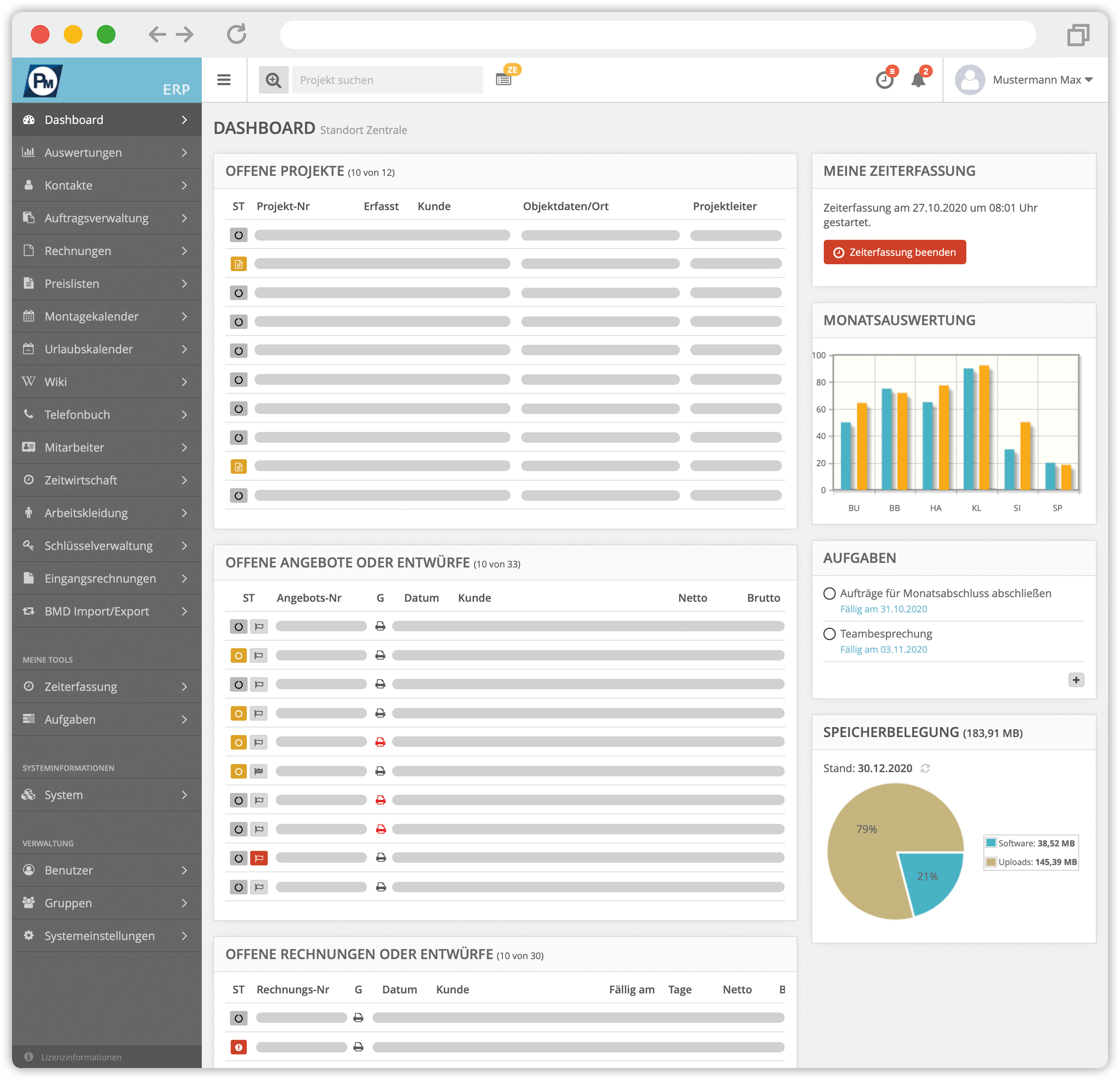 Screenshot des Dashboards einer ERP-Software