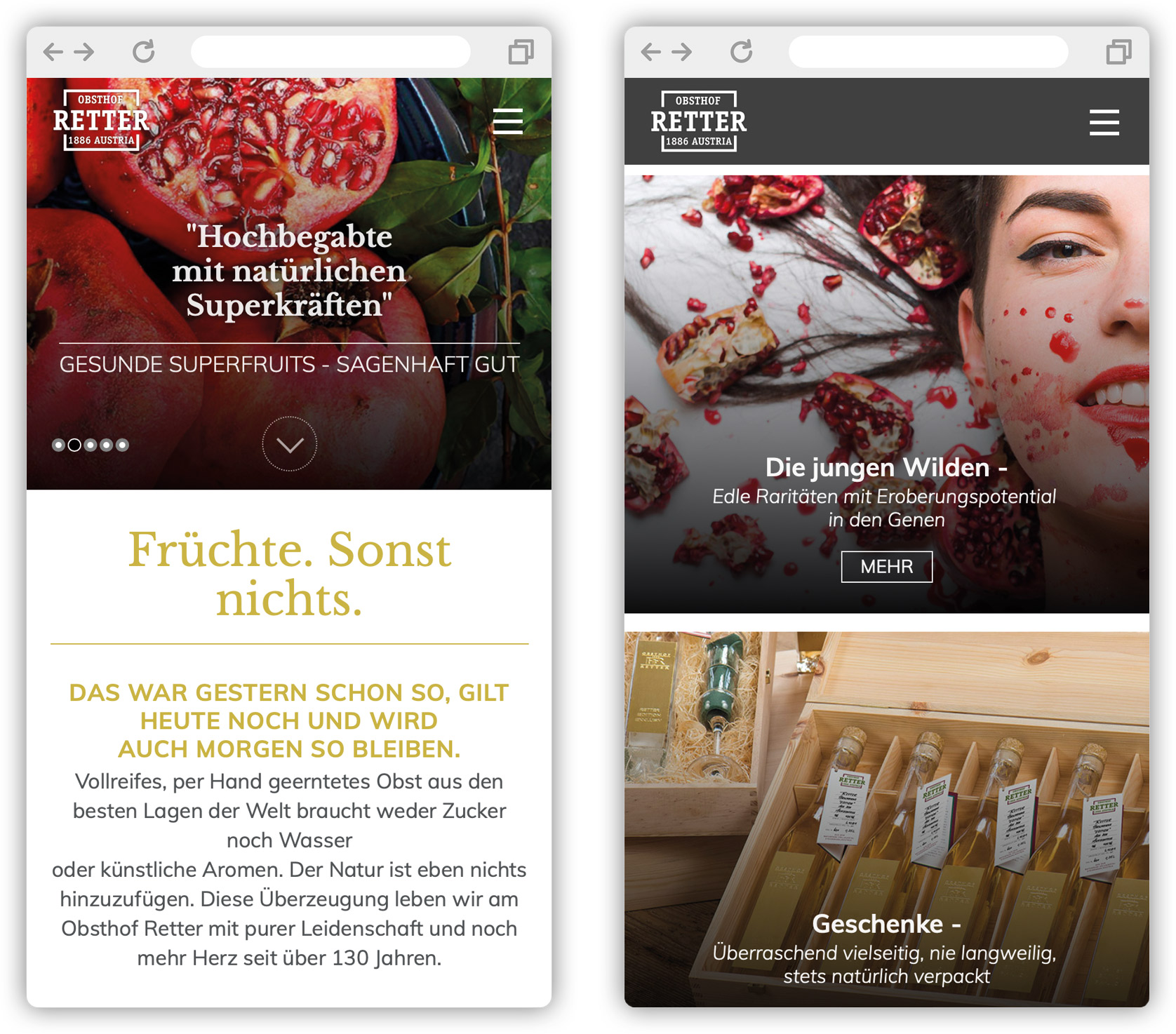 Screenshot der Website vom Obsthof Retter dargestellt am Smartphone