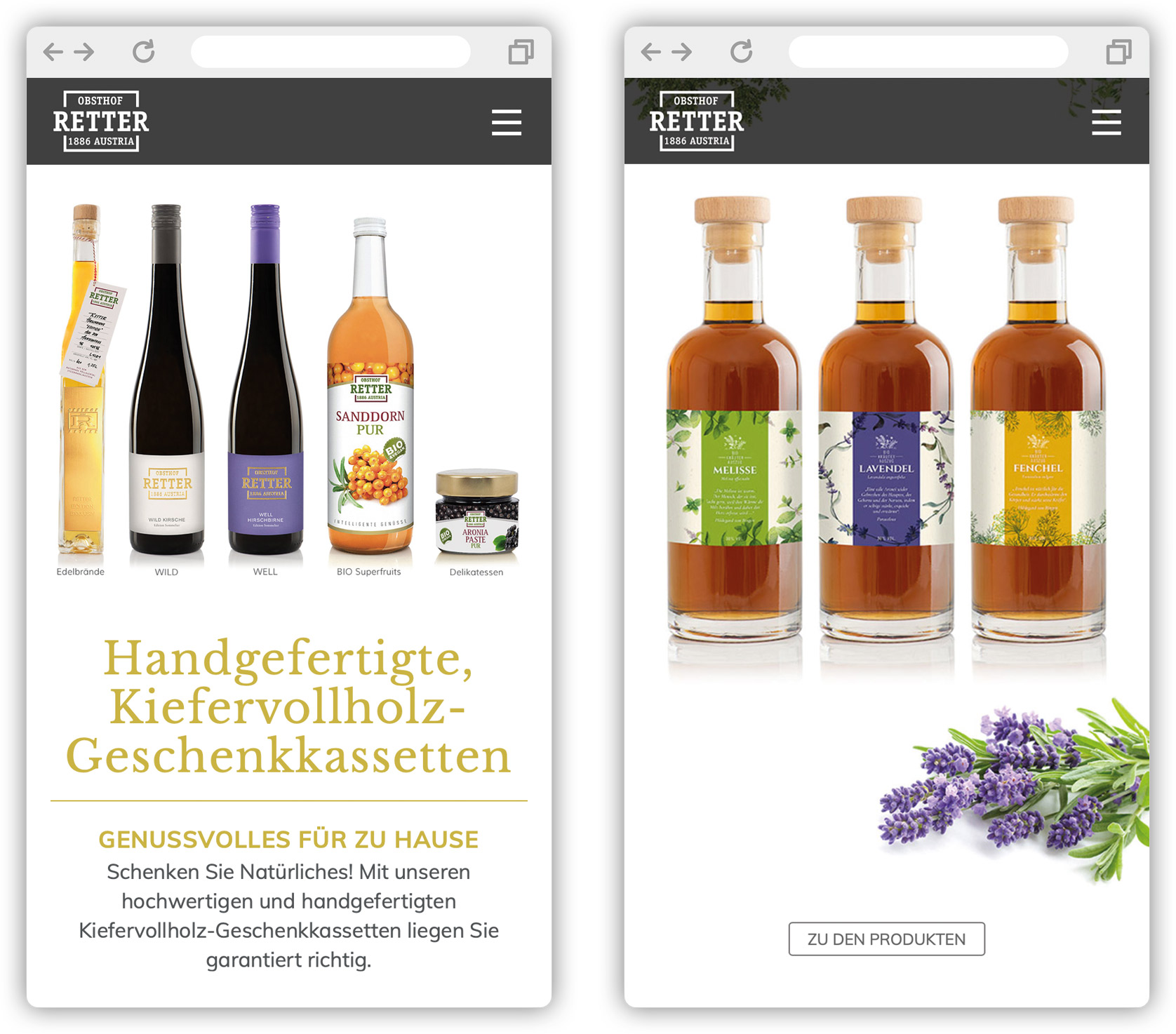 Screenshot der Website vom Obsthof Retter dargestellt am Smartphone
