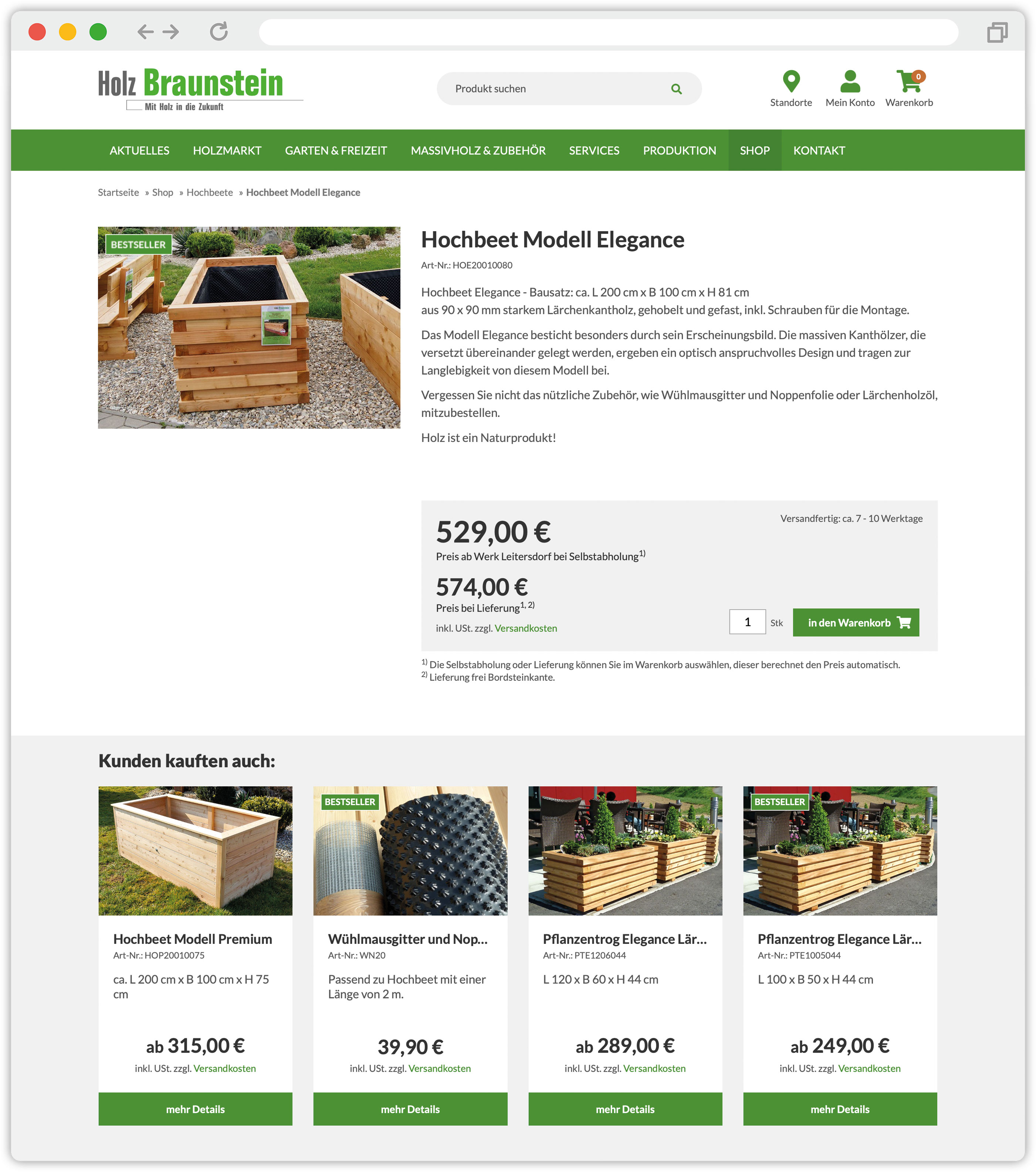 Screenshot der Produktseite von Holz Braunstein