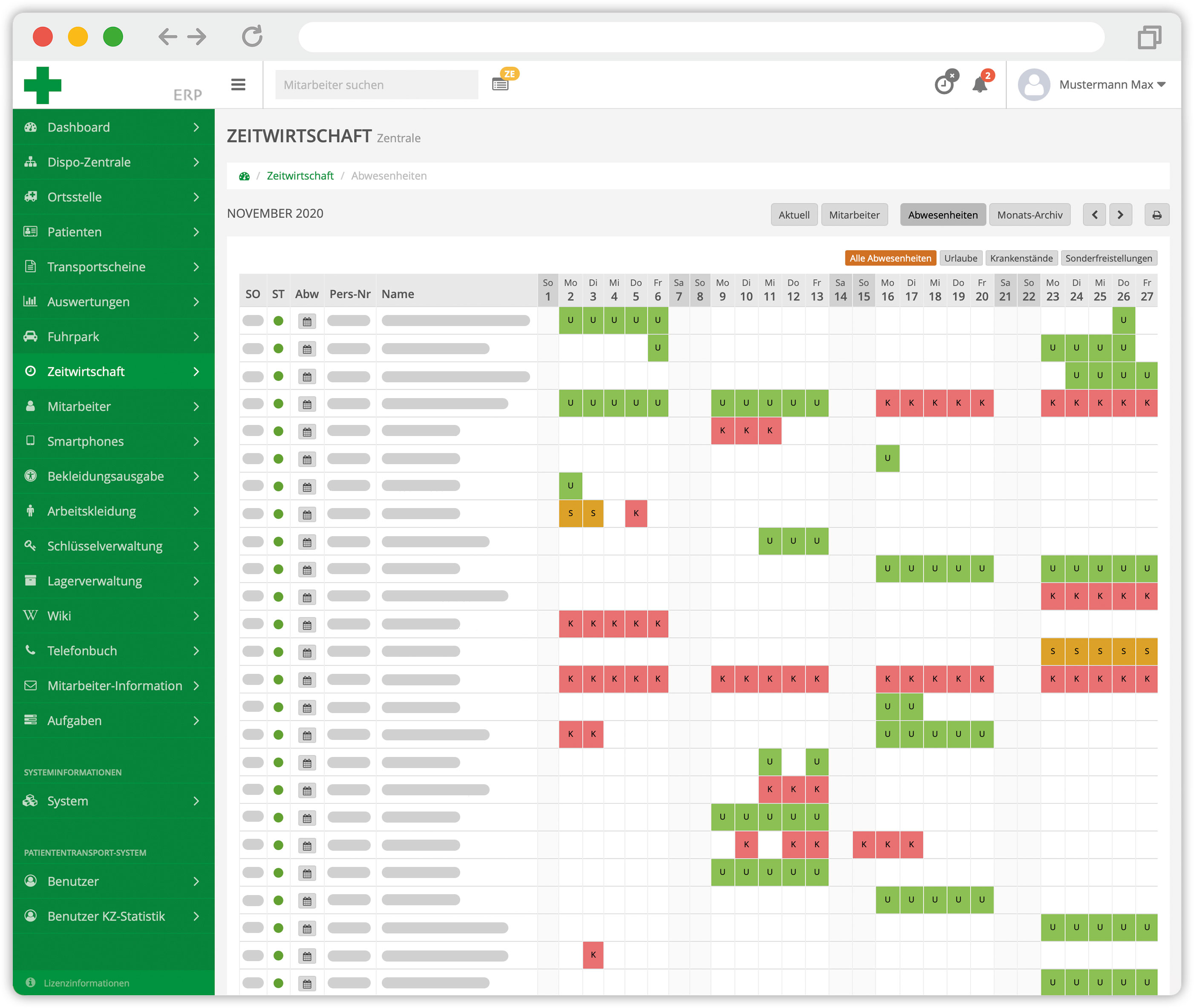 Screenshot der Zeitwirtschaft einer ERP-Software