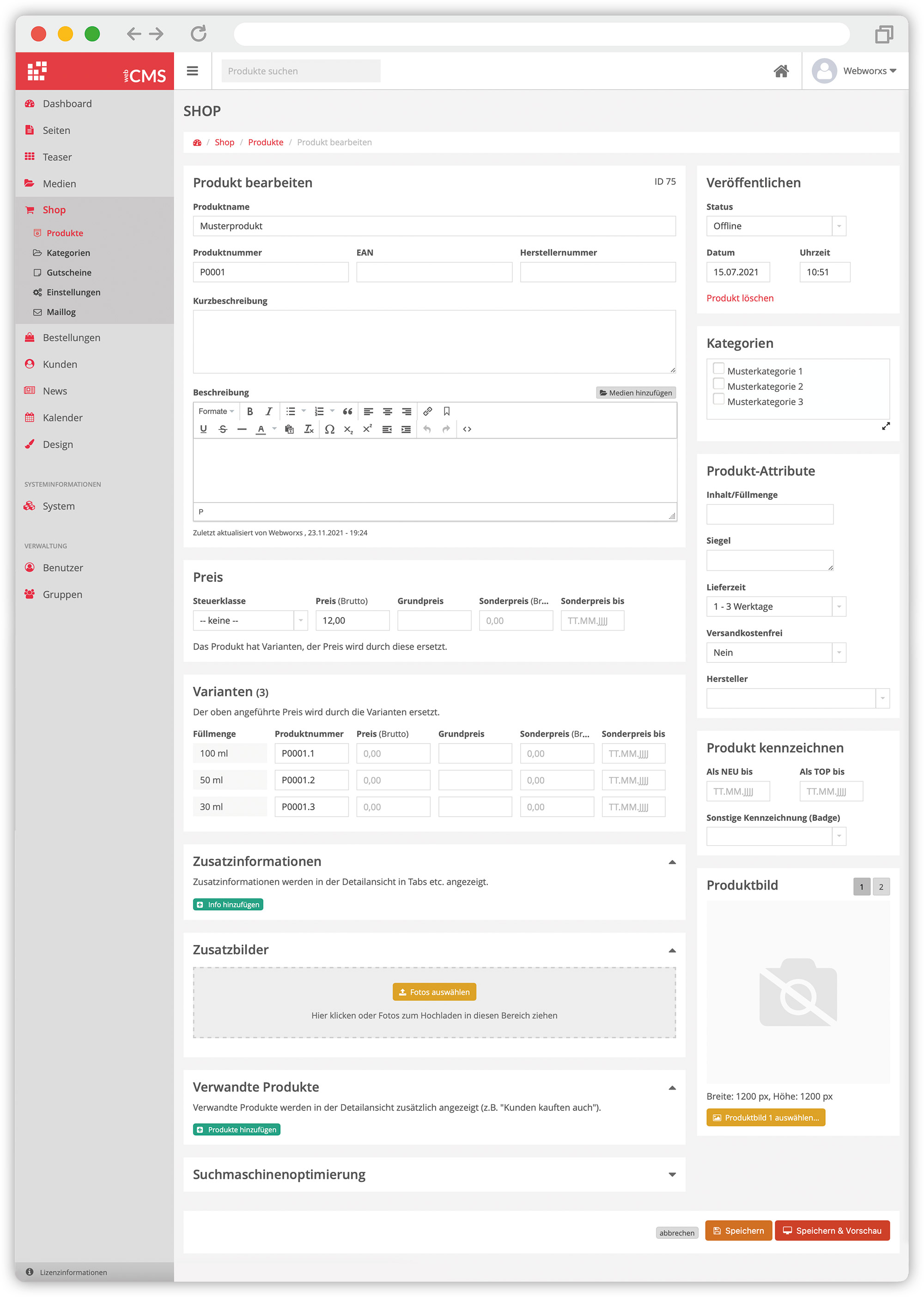 Screenshot webCMS 2.0 - Webshop Produktverwaltung